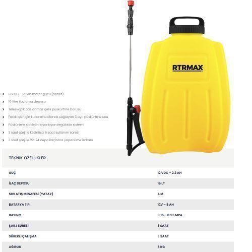 RTM 9616 AKÜLÜ İLAÇLAMA POMPASI 12 WATT 8,0 AH